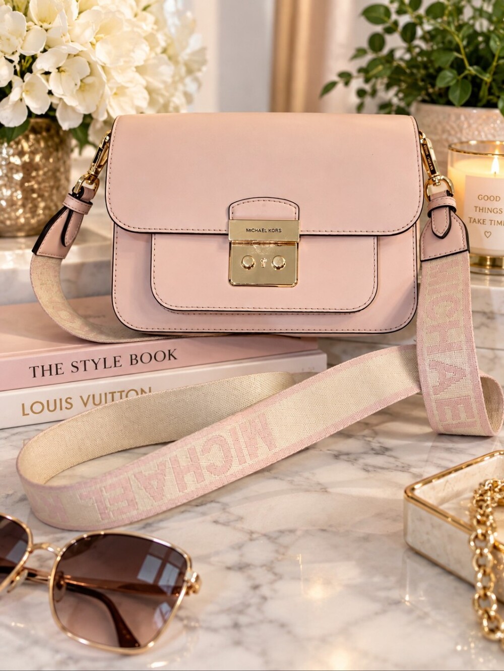 Michael Kors Sloan Editor Crossbody Leather Shoulder Bag Light Pink